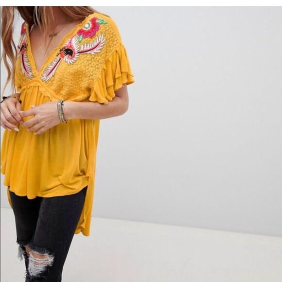 FREE PEOPLE Embroidered FIESTA NUEVA Tunic Top Yellow Size XS - Picture 10 of 10